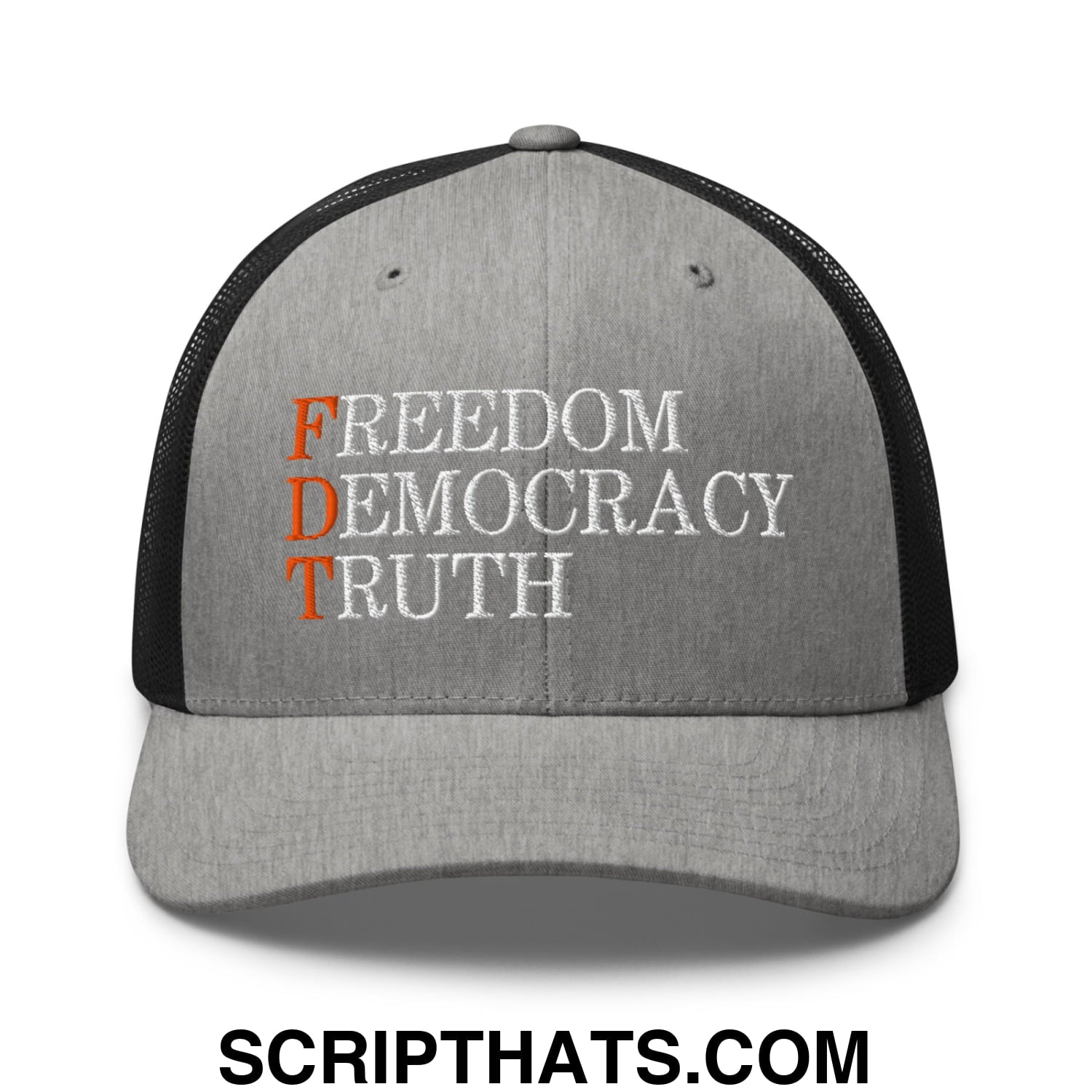FDT Freedom Democracy Truth Embroidered Mesh Trucker Hat Heather Black