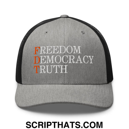 FDT Freedom Democracy Truth Embroidered Mesh Trucker Hat Heather Black