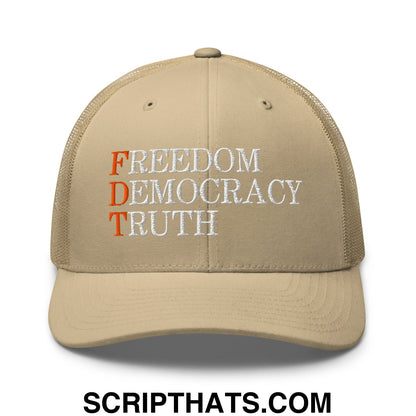 FDT Freedom Democracy Truth Embroidered Mesh Trucker Hat Khaki