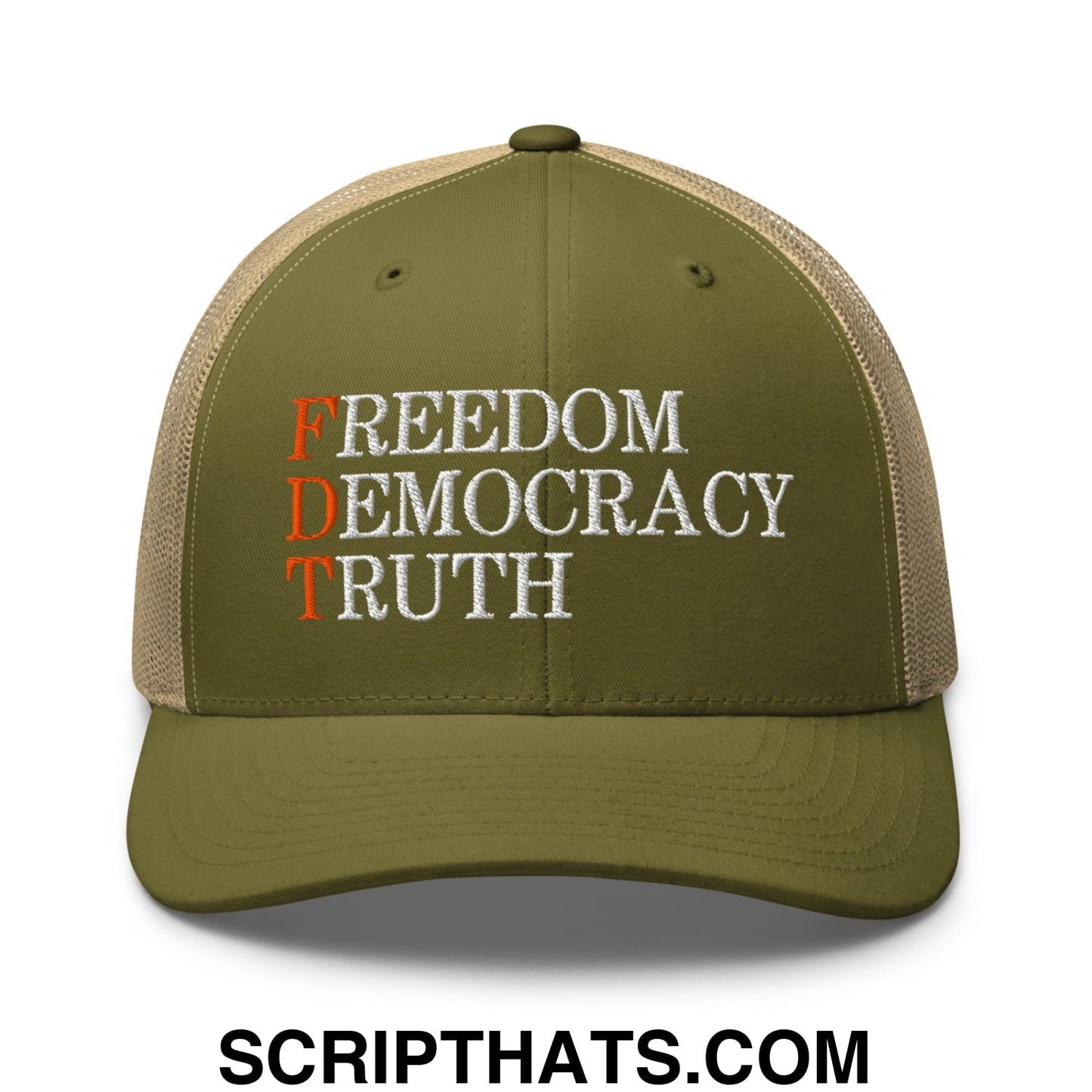 FDT Freedom Democracy Truth Embroidered Mesh Trucker Hat Moss Khaki