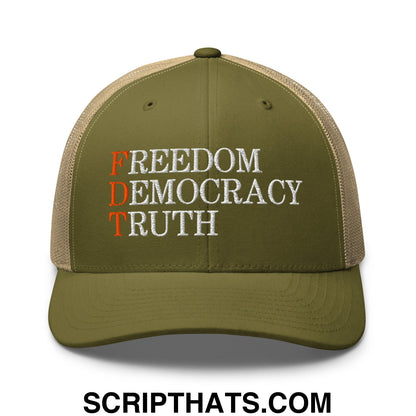 FDT Freedom Democracy Truth Embroidered Mesh Trucker Hat Moss Khaki