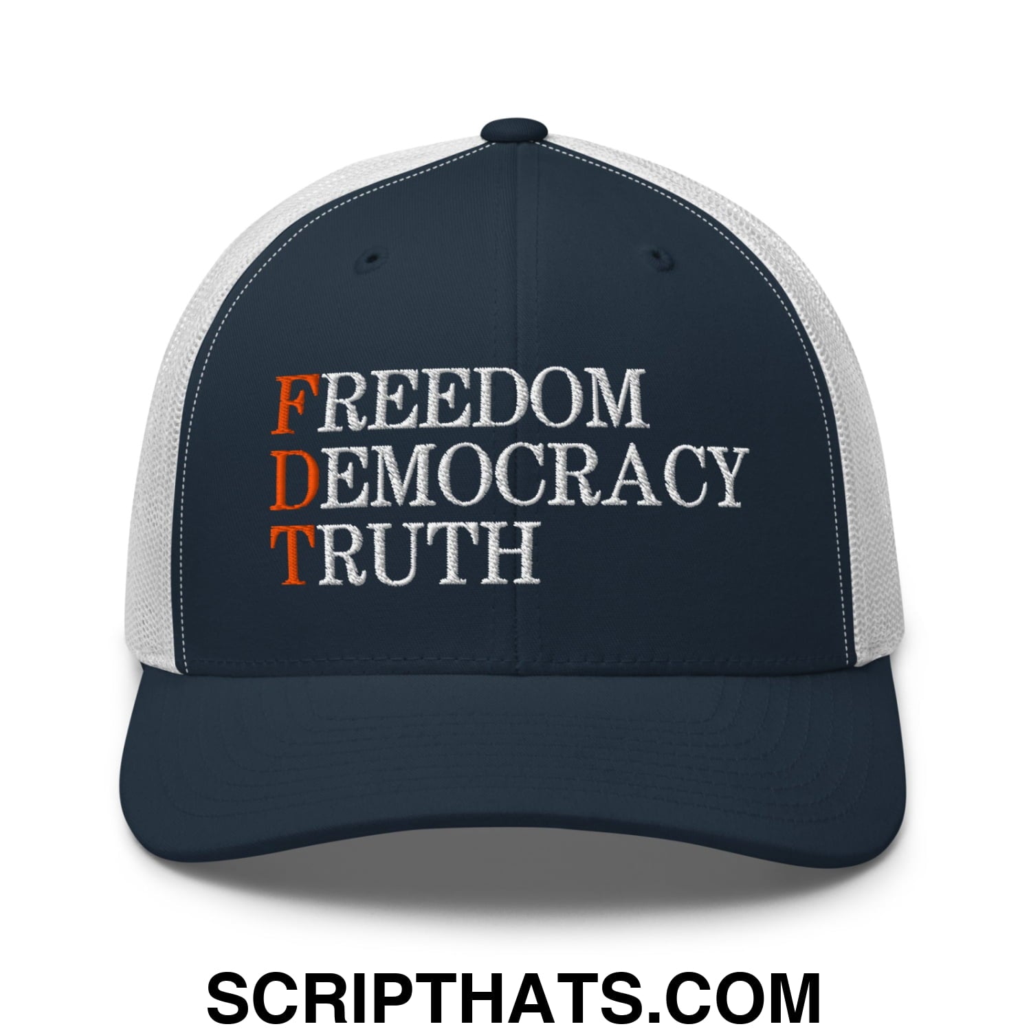 FDT Freedom Democracy Truth Embroidered Mesh Trucker Hat Navy White