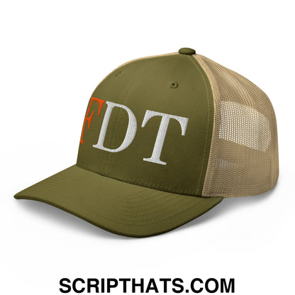 FDT Fuck Donald Trump Embroidered Mesh Trucker Hat Moss Khaki