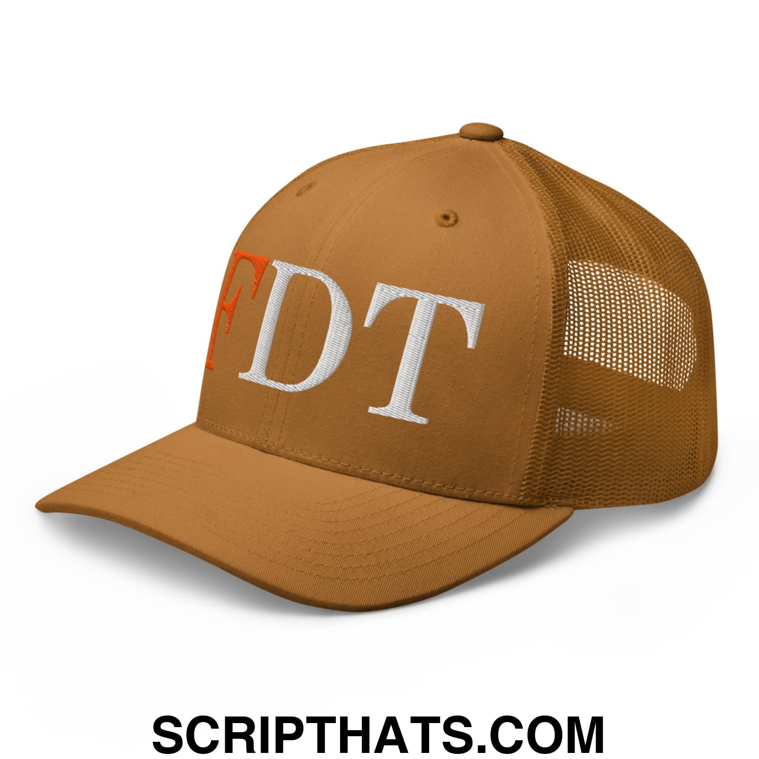 FDT Fuck Donald Trump Embroidered Mesh Trucker Hat Caramel