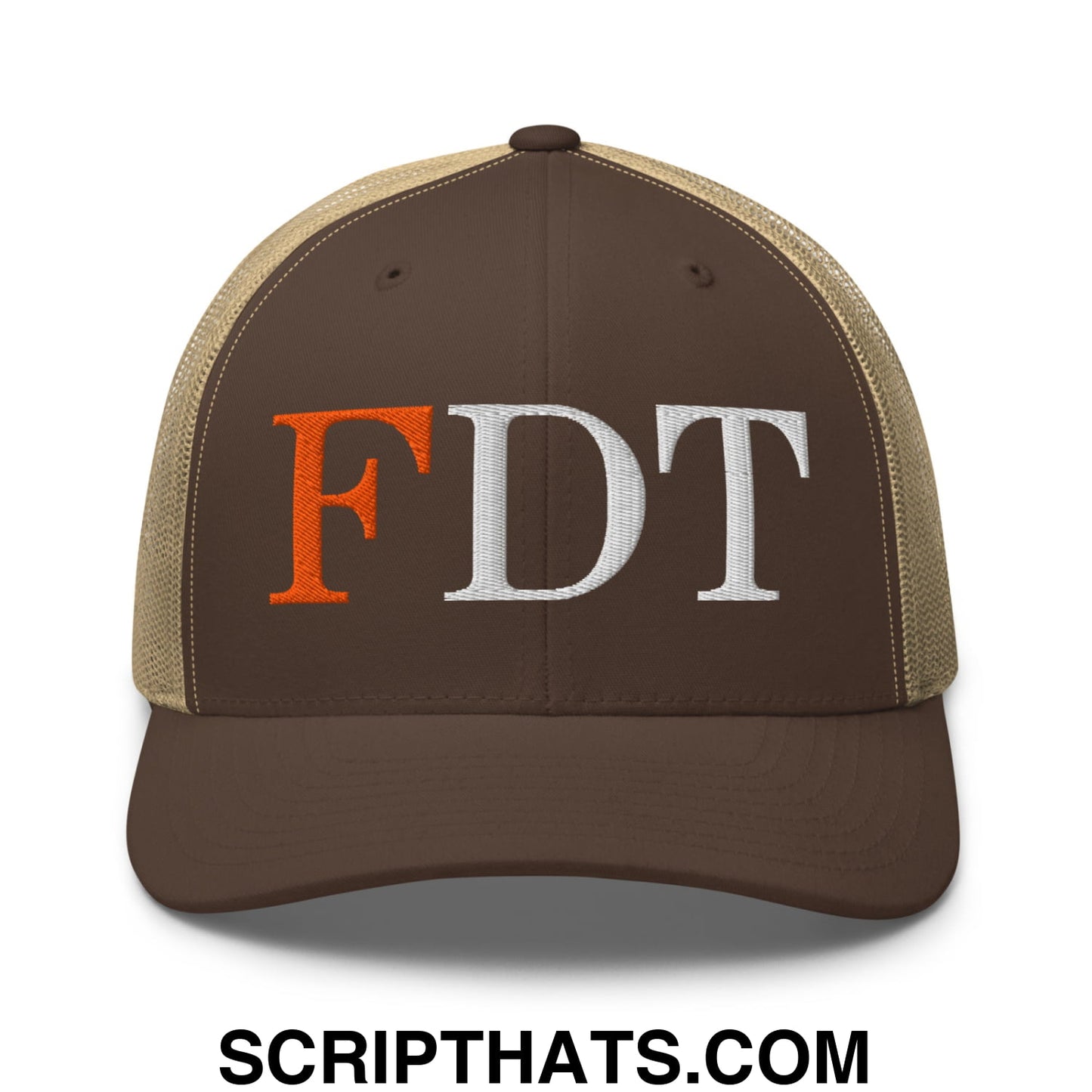 FDT Fuck Donald Trump Embroidered Mesh Trucker Hat Brown Khaki