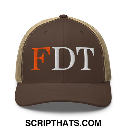 FDT Fuck Donald Trump Embroidered Mesh Trucker Hat Brown Khaki