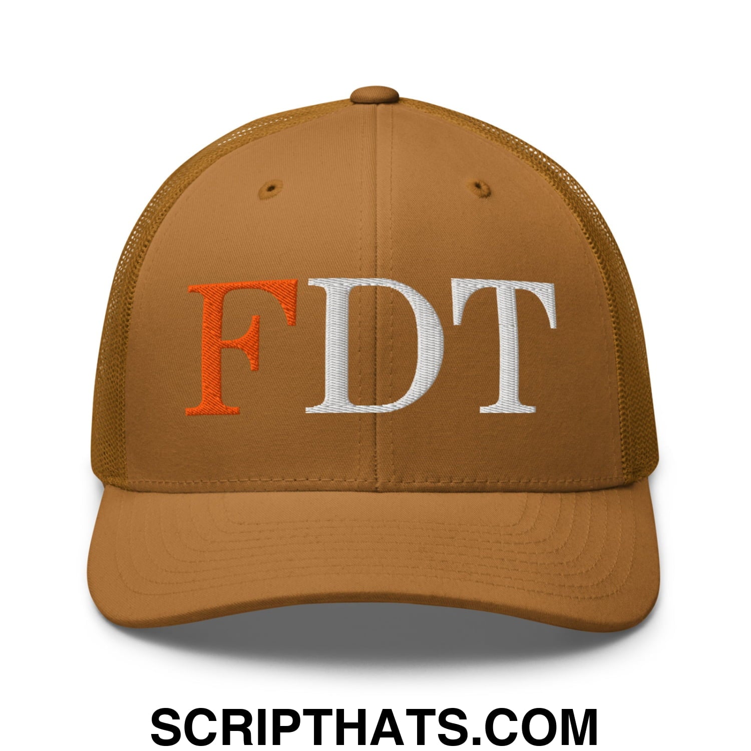 FDT Fuck Donald Trump Embroidered Mesh Trucker Hat Caramel