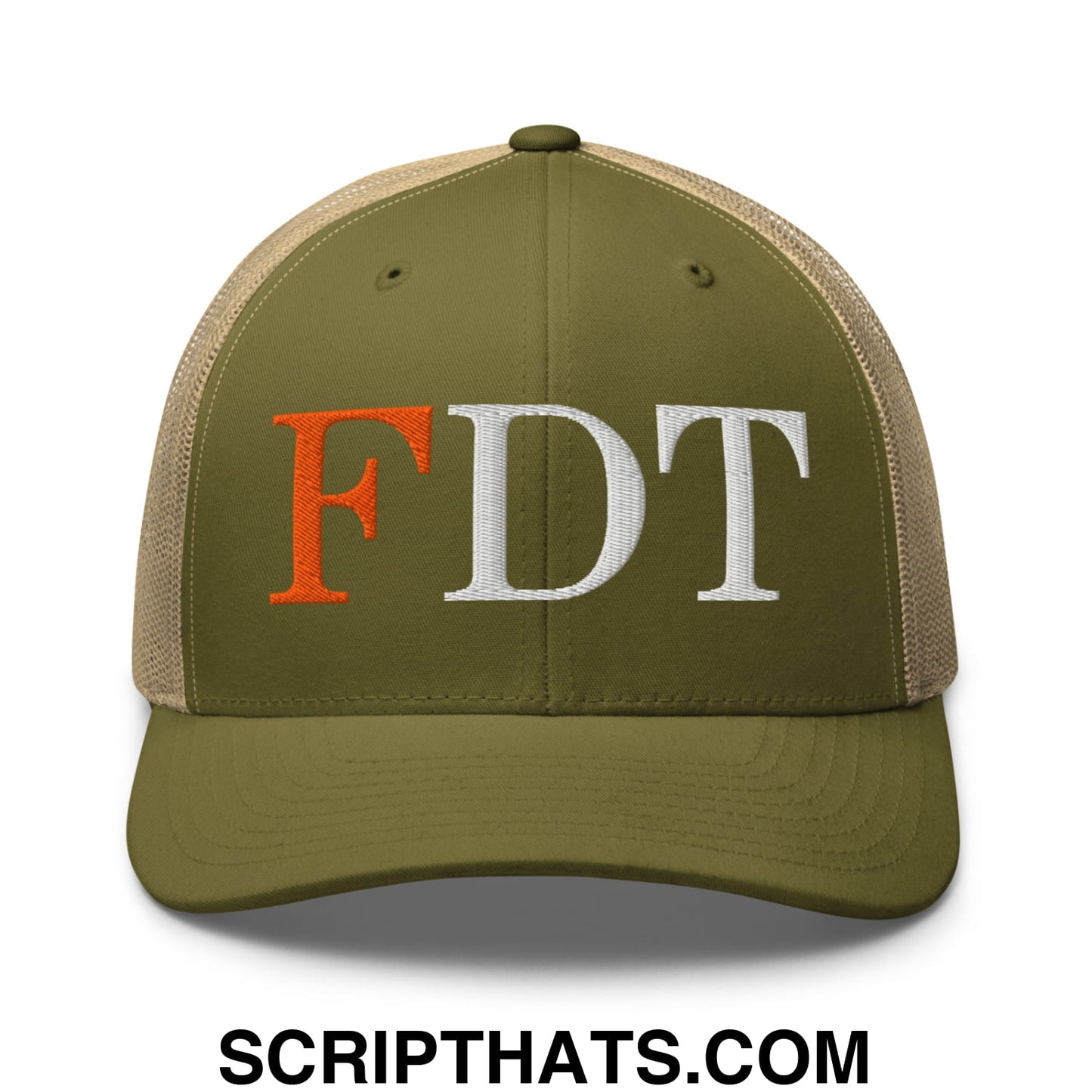 FDT Fuck Donald Trump Embroidered Mesh Trucker Hat Moss Khaki