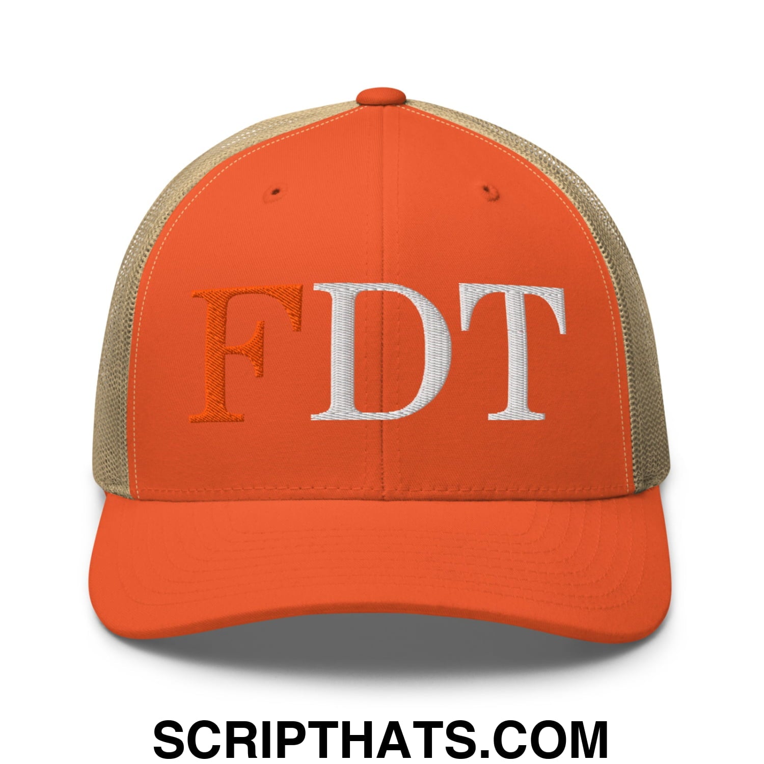 FDT Fuck Donald Trump Embroidered Mesh Trucker Hat Rustic Orange Khaki