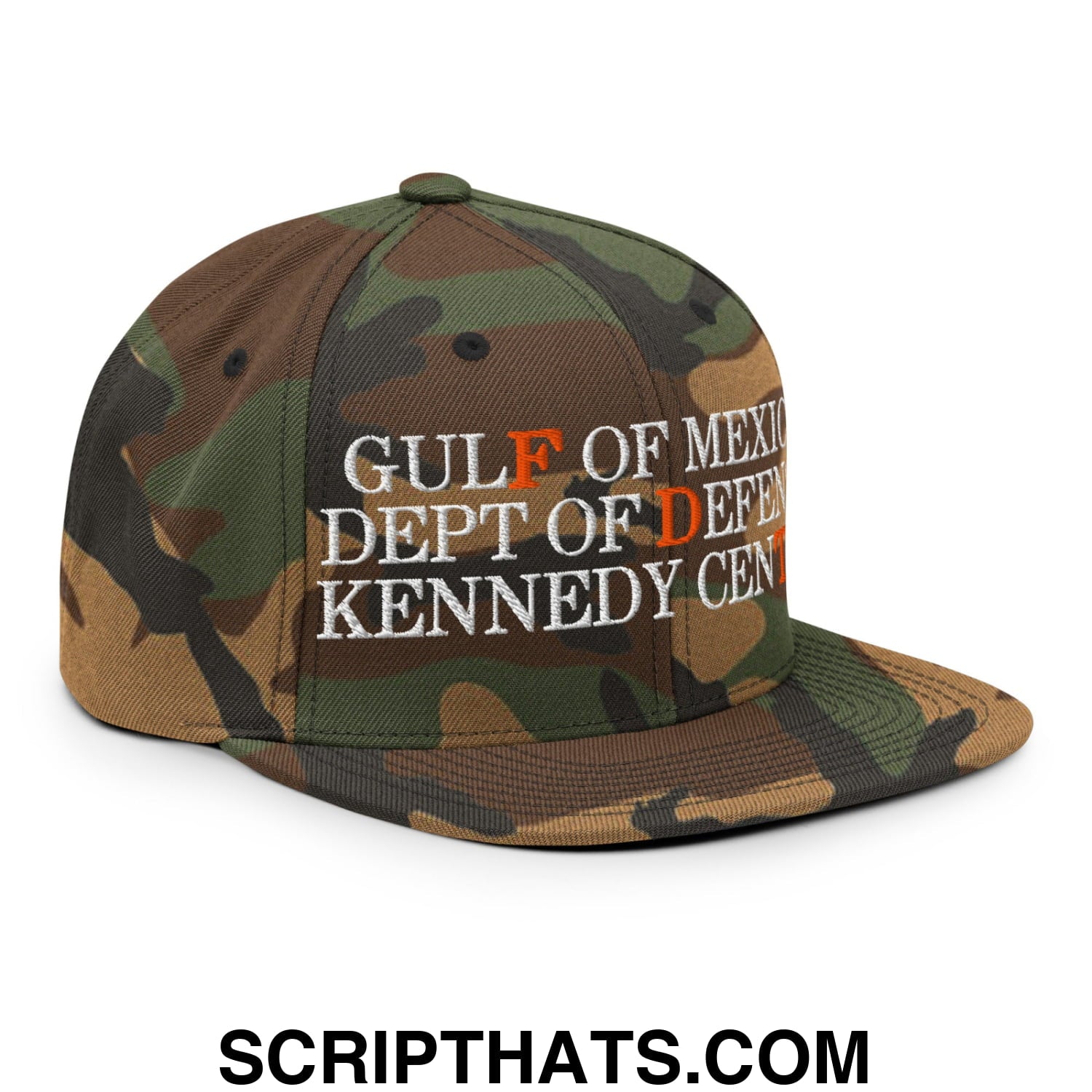 FDT Gulf of Mexico Dept of Defense Kennedy Center Embroidered Flat Bill Brim Snapback Hat Green Camo