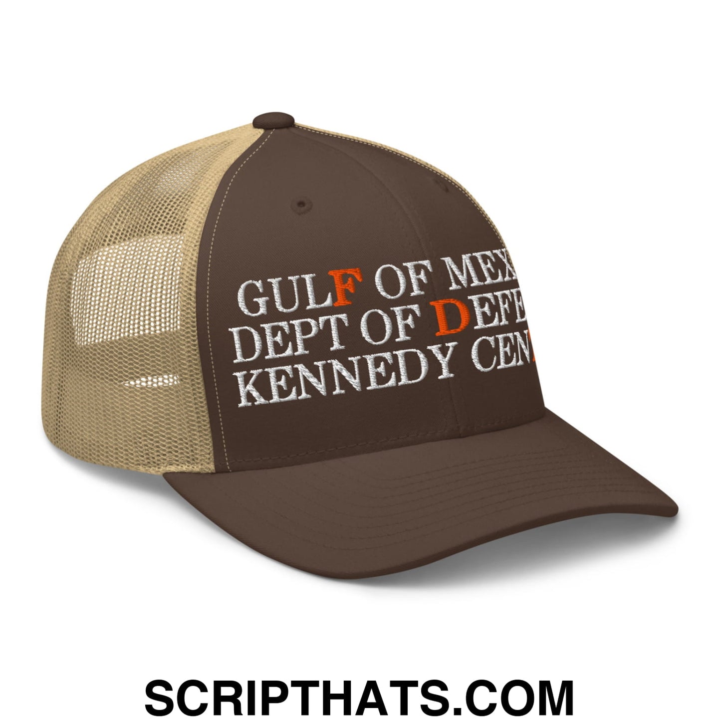 FDT Gulf of Mexico Dept of Defense Kennedy Center Embroidered Mesh Trucker Hat Brown Khaki