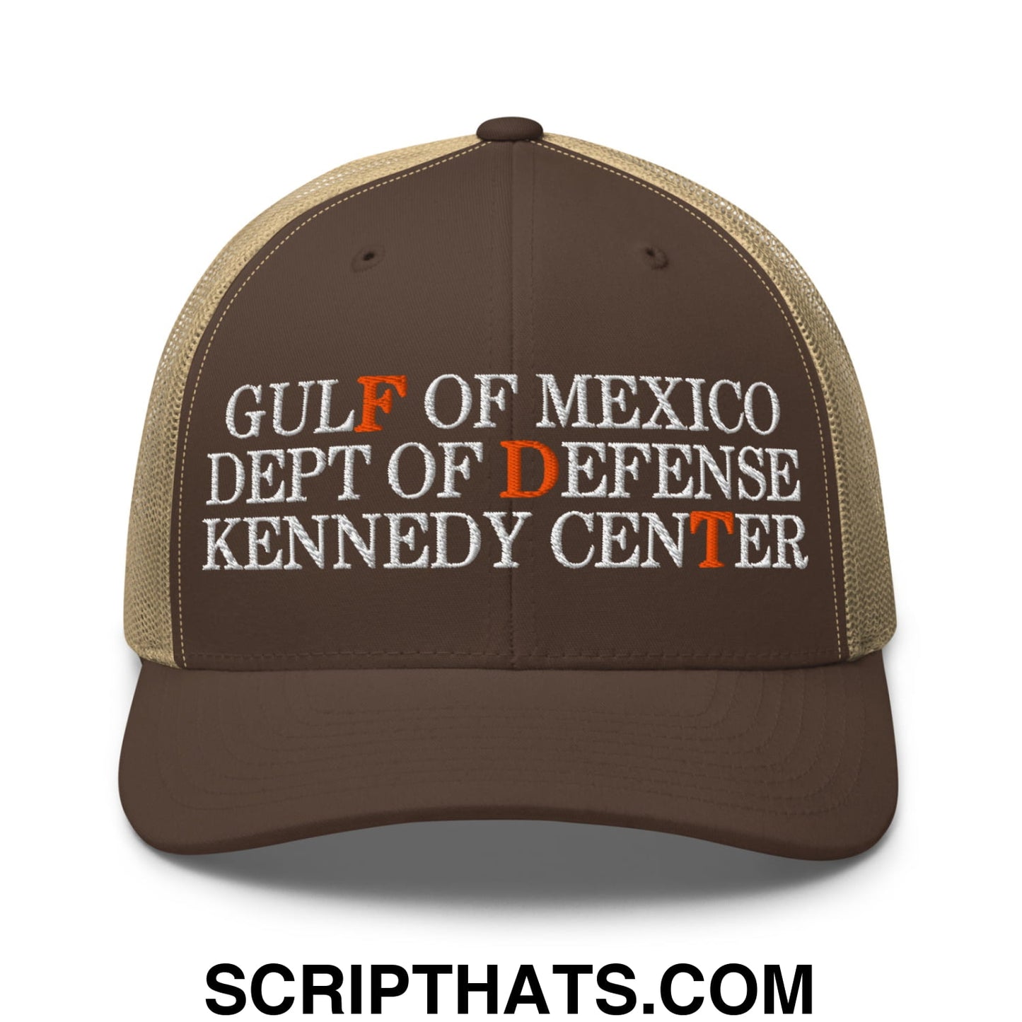 FDT Gulf of Mexico Dept of Defense Kennedy Center Embroidered Mesh Trucker Hat Brown Khaki