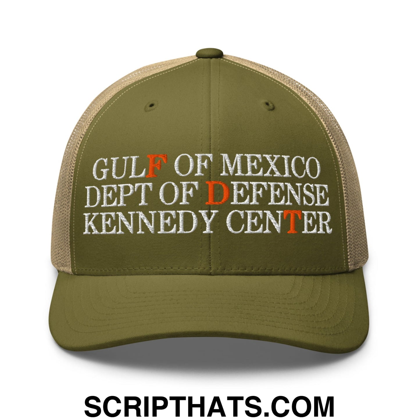 FDT Gulf of Mexico Dept of Defense Kennedy Center Embroidered Mesh Trucker Hat Moss Khaki
