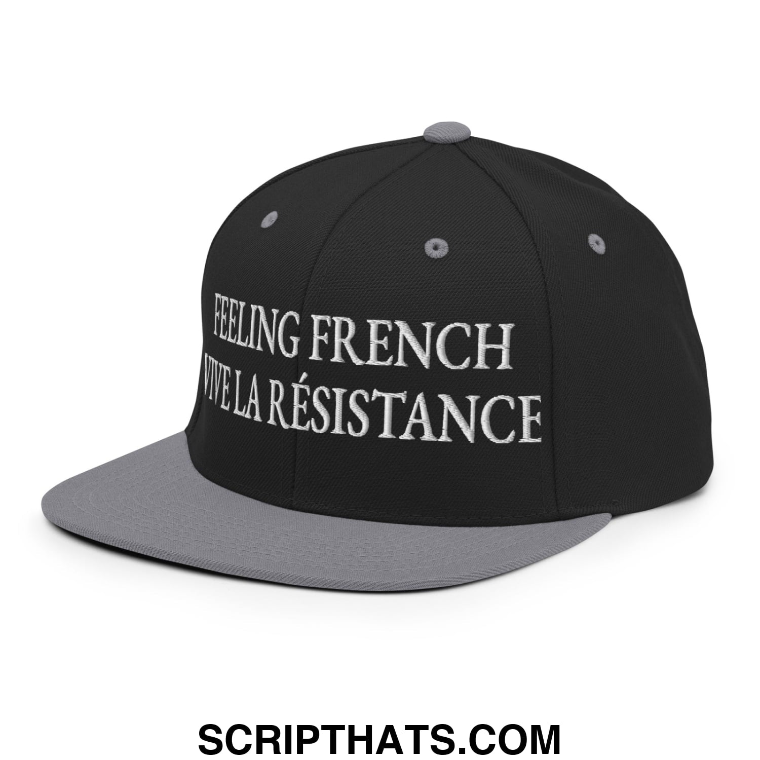 Feeling French Vive la Résistance Embroidered Flat Bill Brim Snapback Hat Black Silver