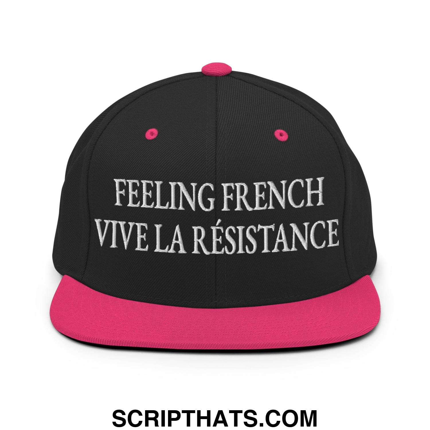 Feeling French Vive la Résistance Embroidered Flat Bill Brim Snapback Hat Black Neon Pink