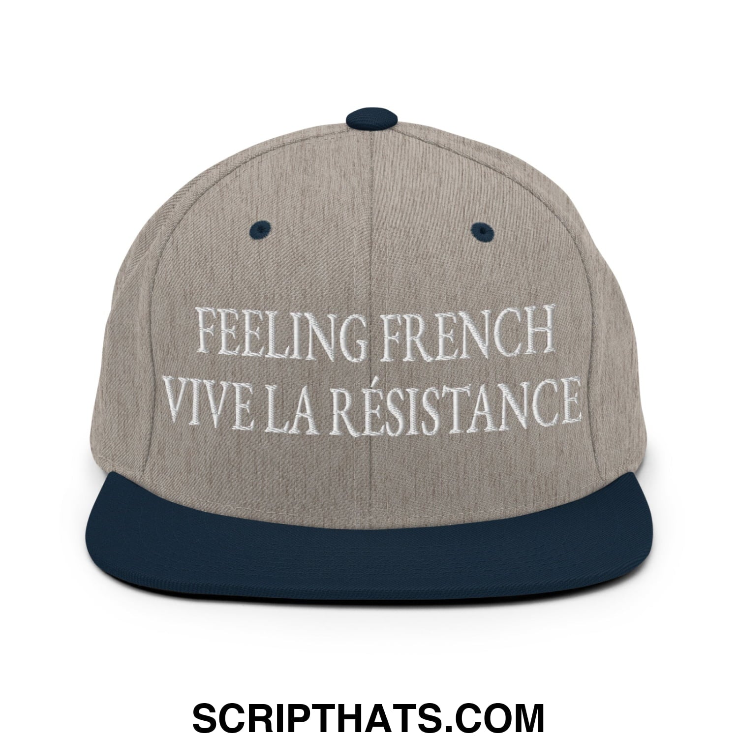 Feeling French Vive la Résistance Embroidered Flat Bill Brim Snapback Hat Heather Grey Navy