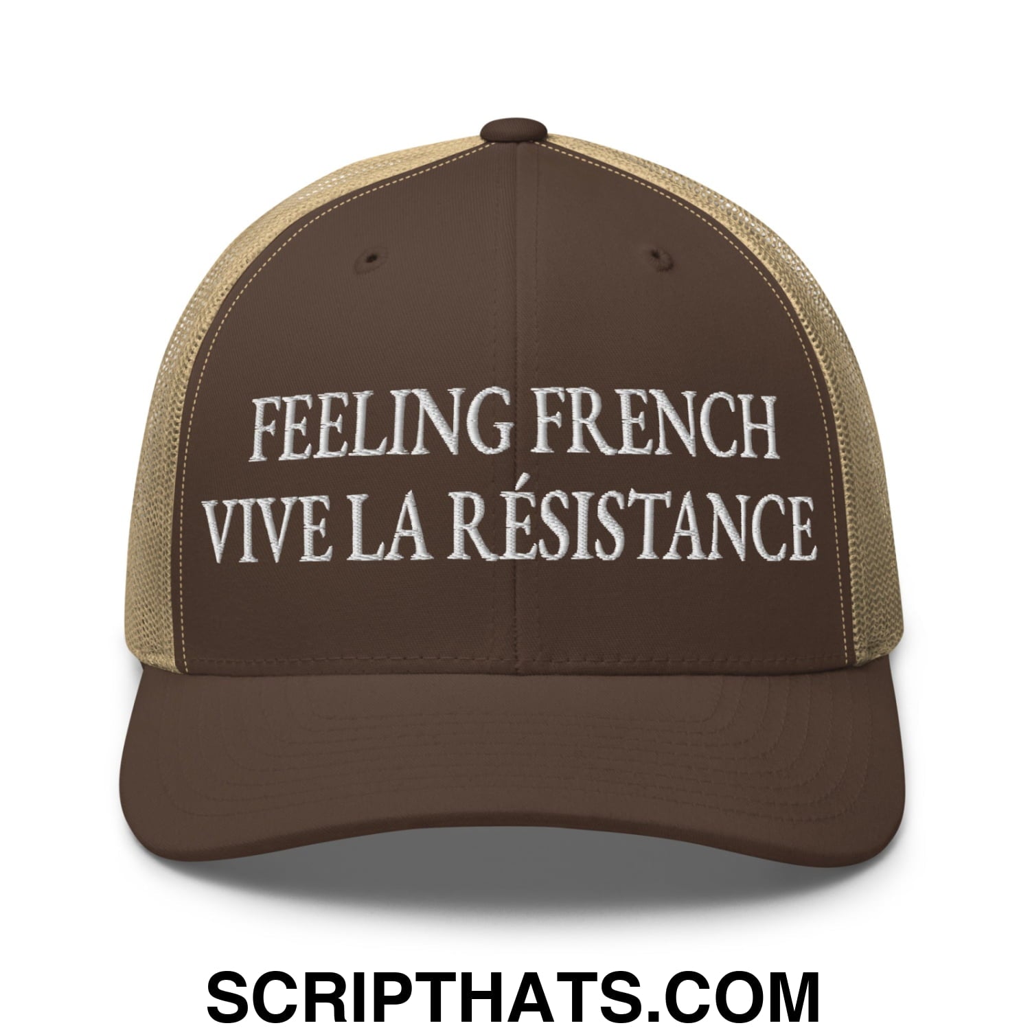 Feeling French Vive la Résistance Embroidered Mesh Trucker Hat Brown Khaki