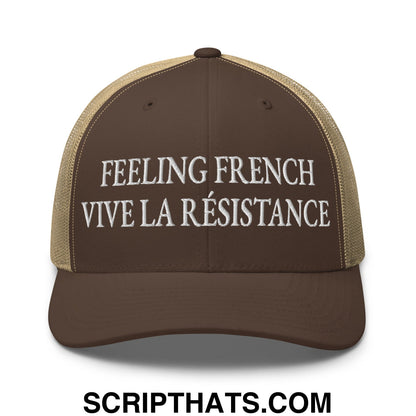 Feeling French Vive la Résistance Embroidered Mesh Trucker Hat Brown Khaki