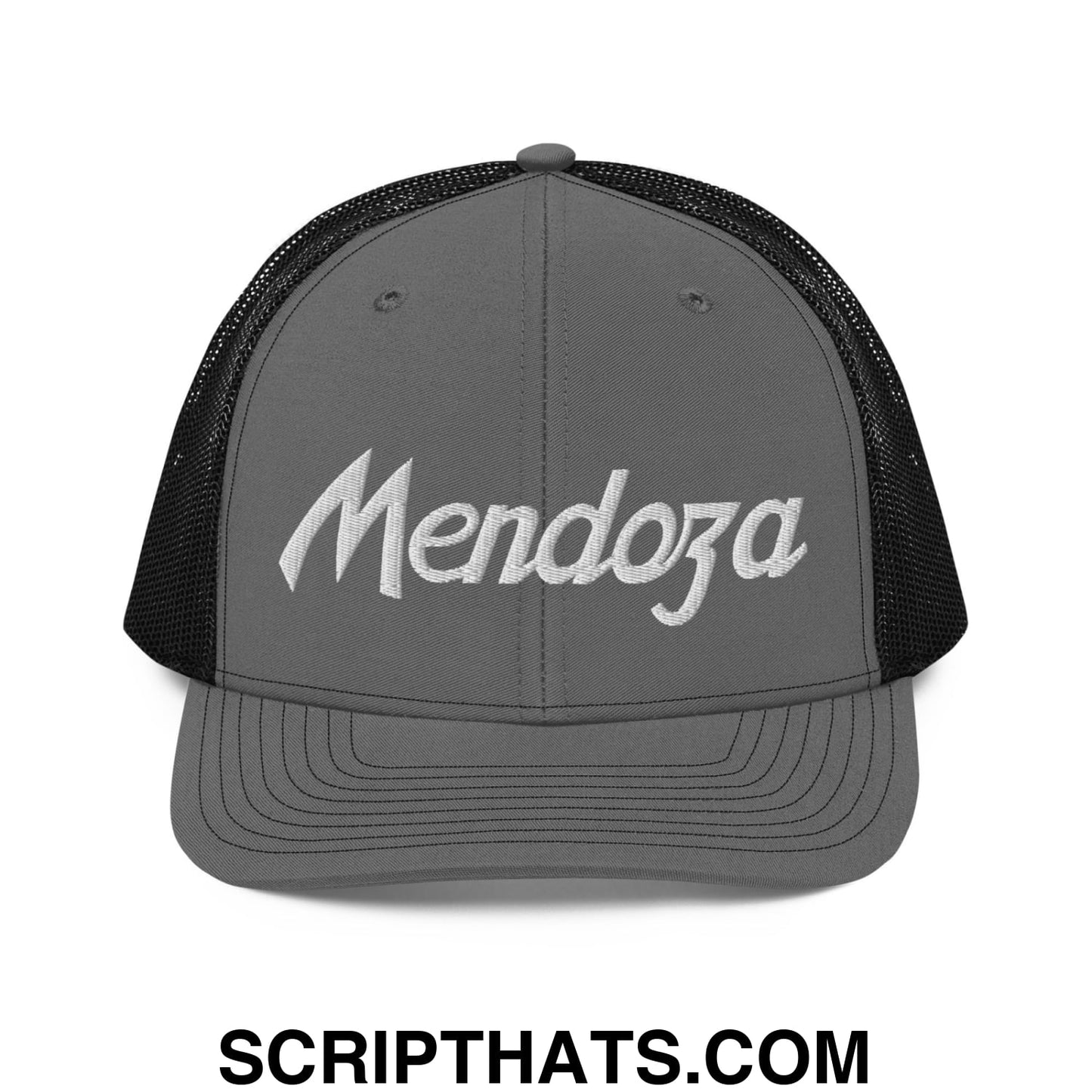 Fernando Mendoza 2026 Raiders Draft Day Vintage Sports Script Embroidered Classic Mesh Trucker Hat Charcoal Black