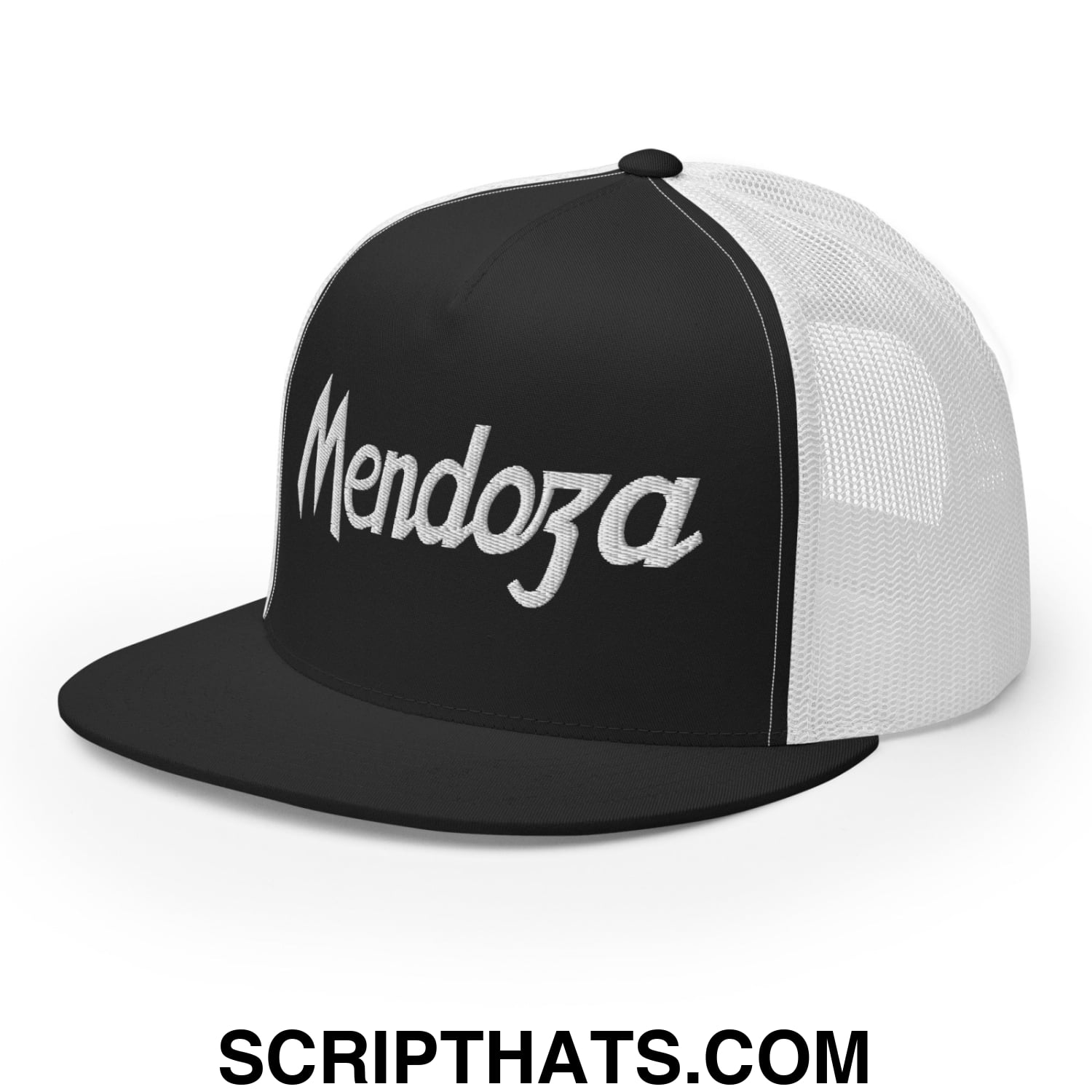Fernando Mendoza 2026 Raiders Draft Day Vintage Sports Script Embroidered Mesh Flat Bill Brim Trucker Hat Black White