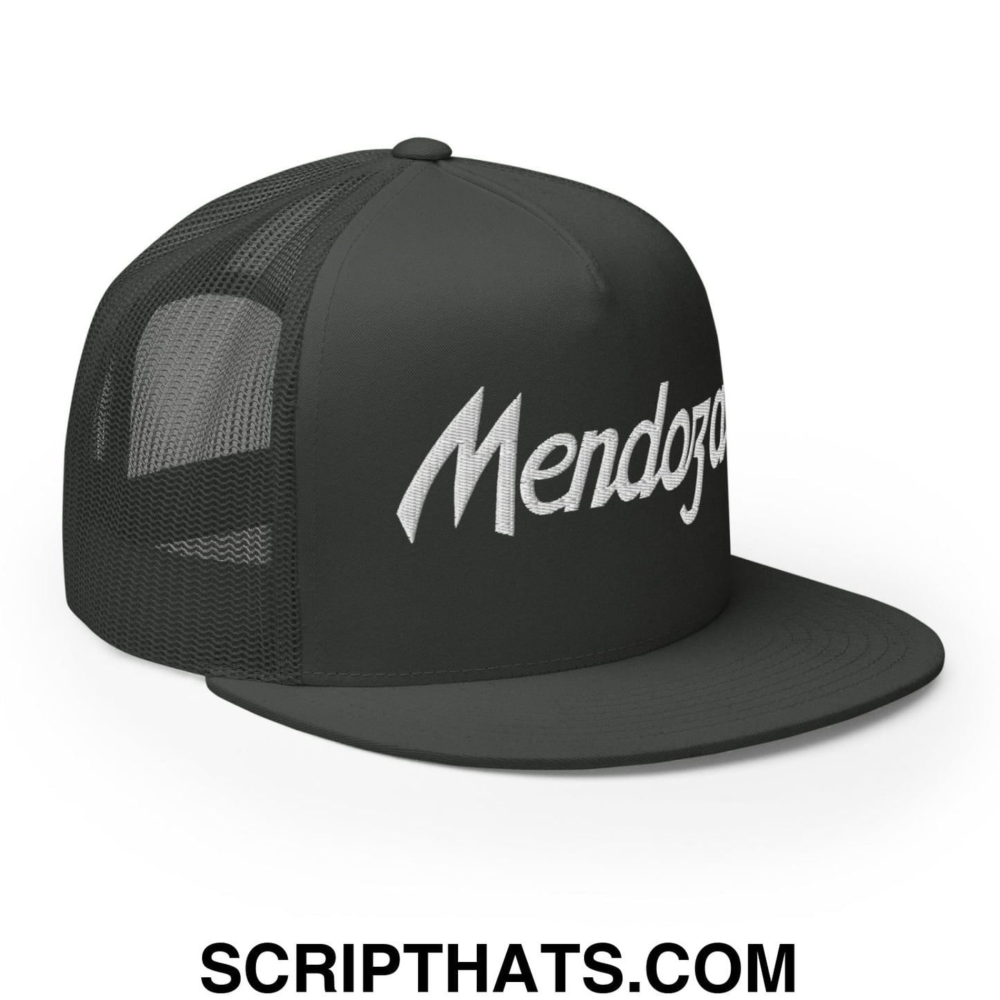Fernando Mendoza 2026 Raiders Draft Day Vintage Sports Script Embroidered Mesh Flat Bill Brim Trucker Hat Charcoal