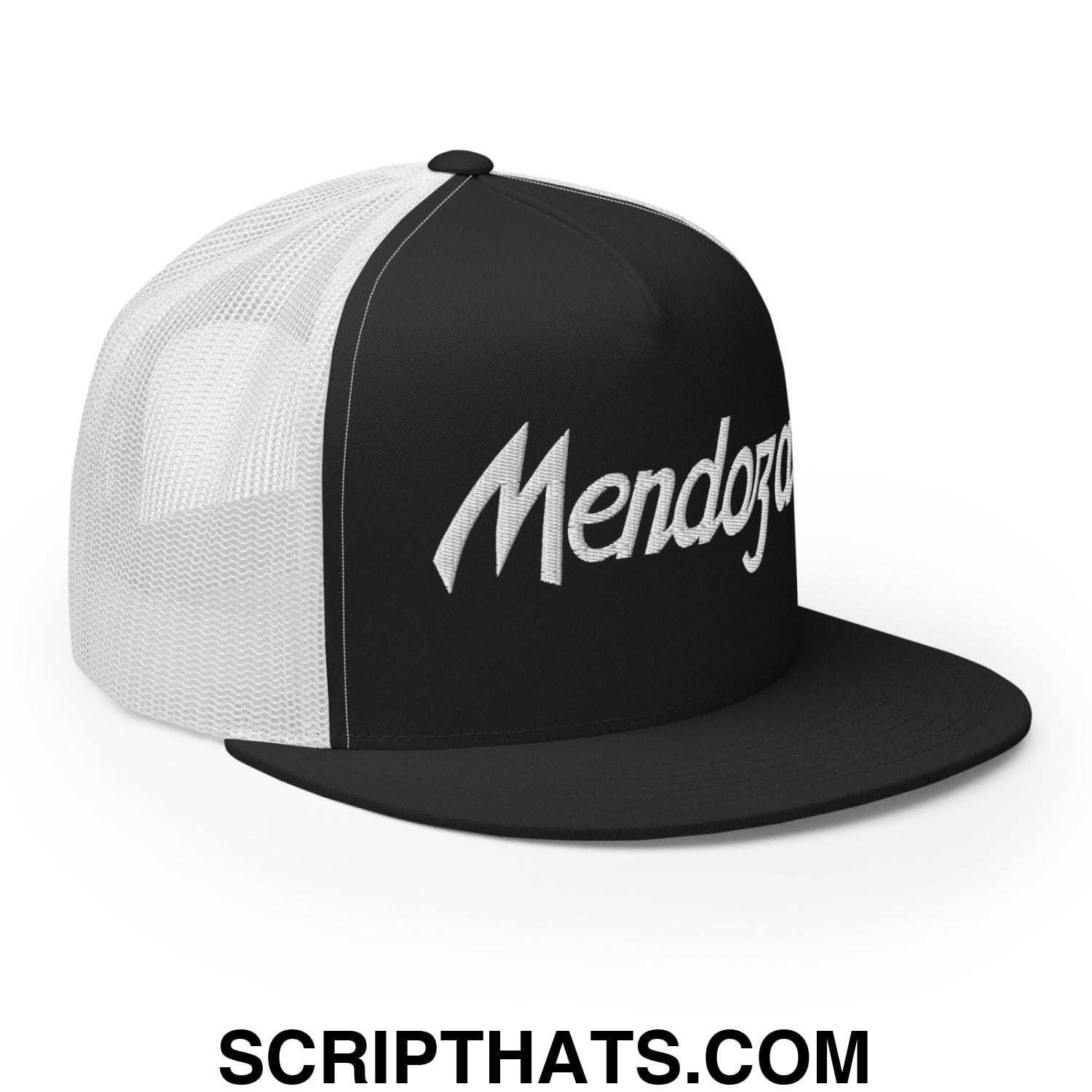 Fernando Mendoza 2026 Raiders Draft Day Vintage Sports Script Embroidered Mesh Flat Bill Brim Trucker Hat Black White