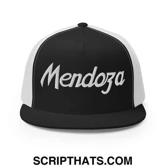 Fernando Mendoza 2026 Raiders Draft Day Vintage Sports Script Embroidered Mesh Flat Bill Brim Trucker Hat Black White