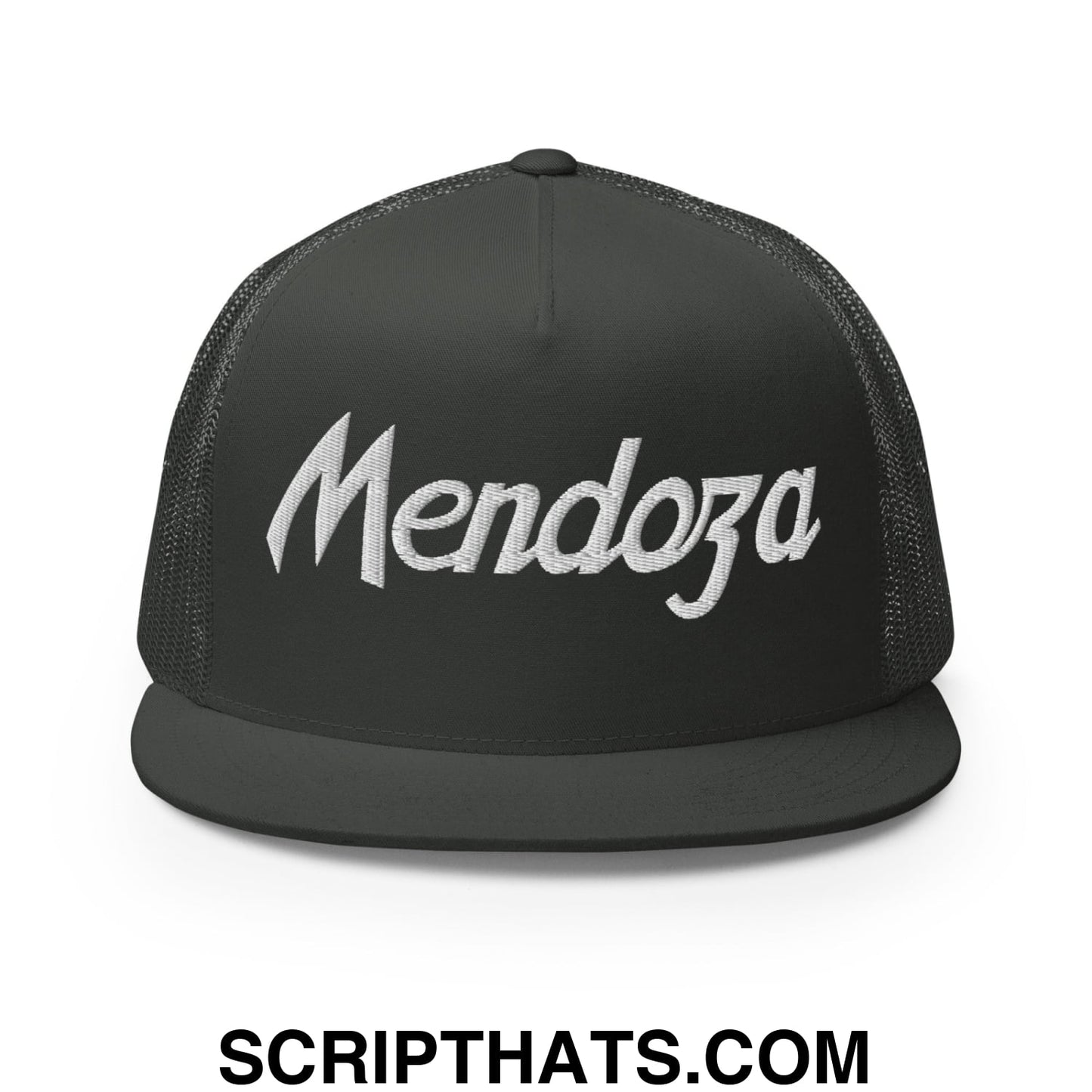 Fernando Mendoza 2026 Raiders Draft Day Vintage Sports Script Embroidered Mesh Flat Bill Brim Trucker Hat Charcoal