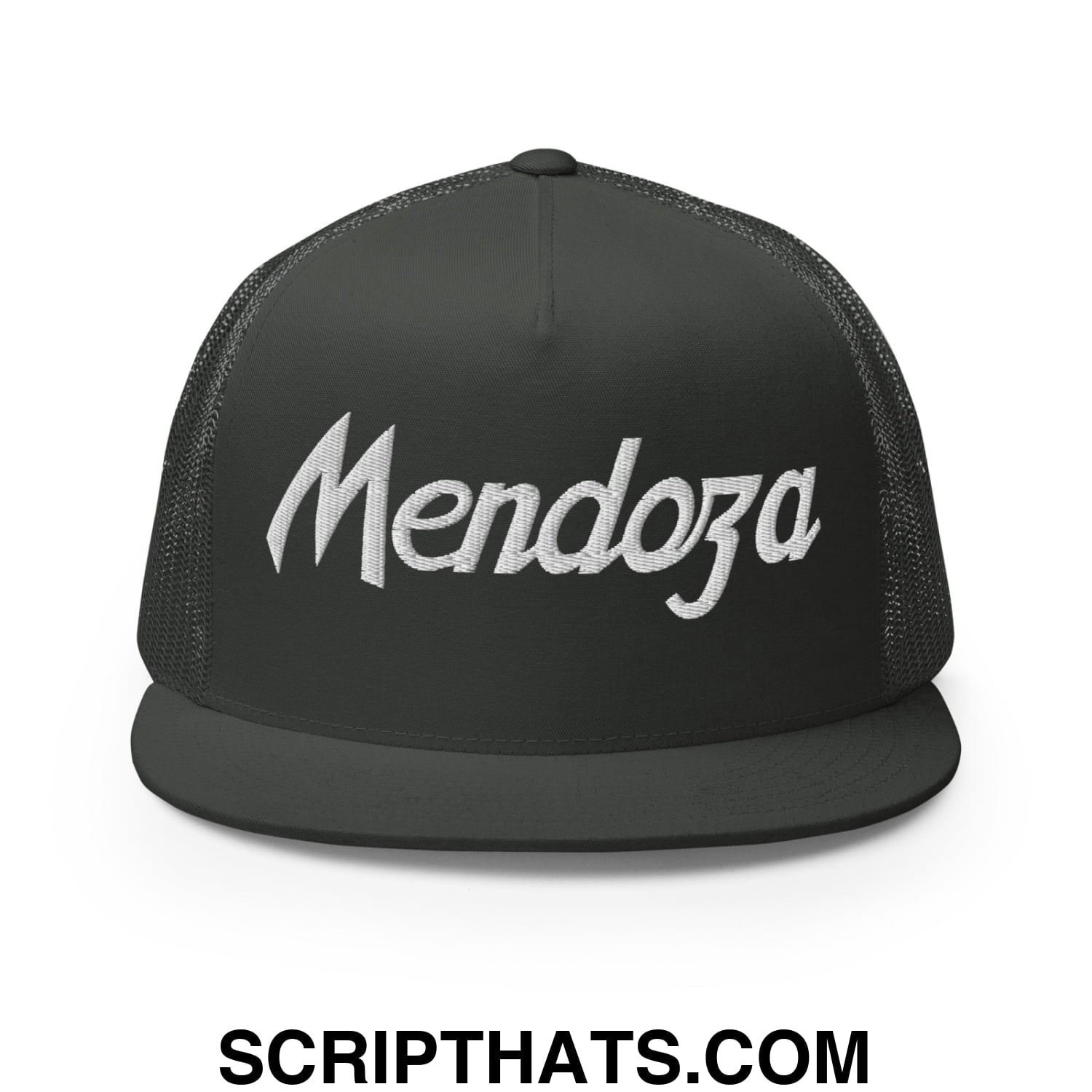 Fernando Mendoza 2026 Raiders Draft Day Vintage Sports Script Embroidered Mesh Flat Bill Brim Trucker Hat Charcoal