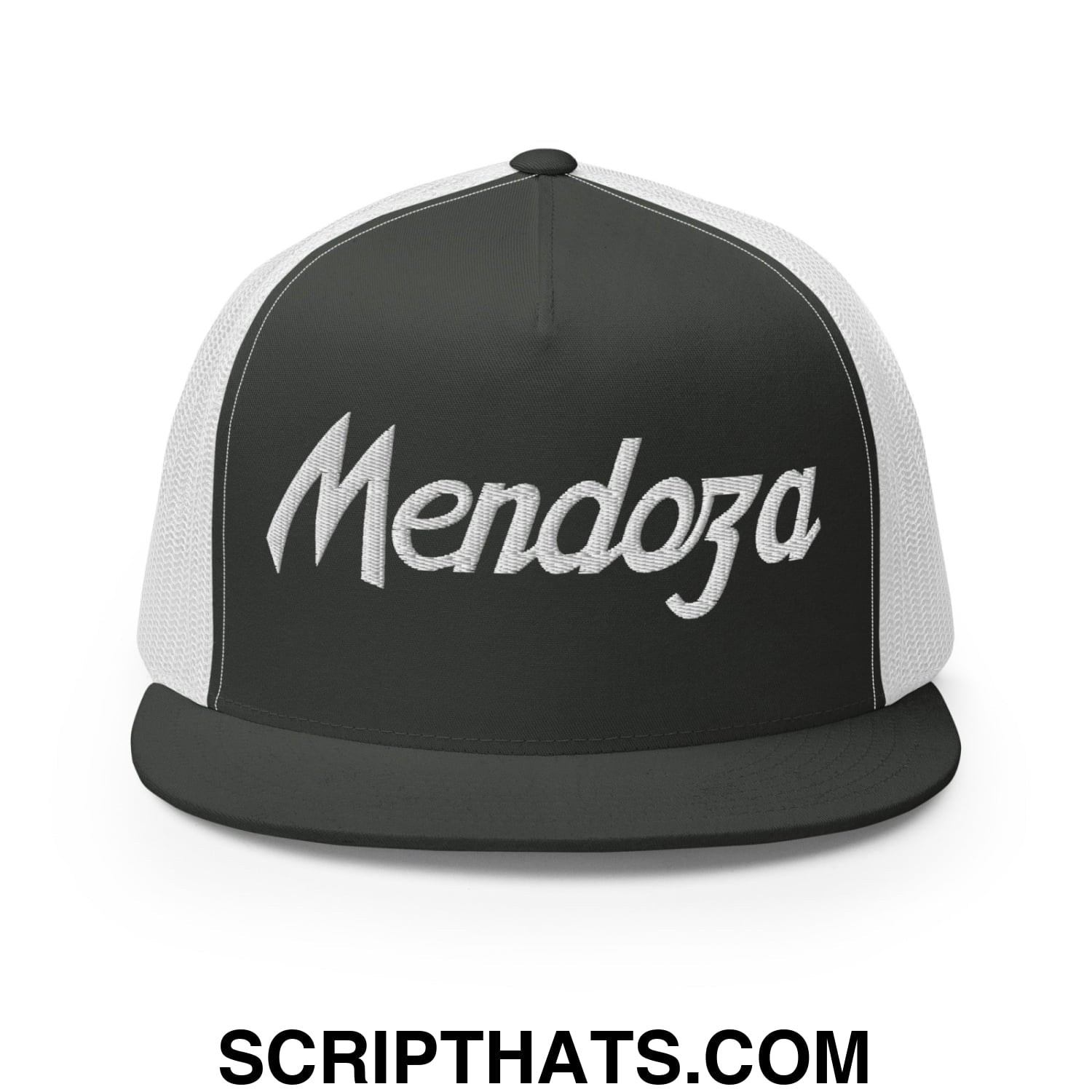 Fernando Mendoza 2026 Raiders Draft Day Vintage Sports Script Embroidered Mesh Flat Bill Brim Trucker Hat Charcoal White