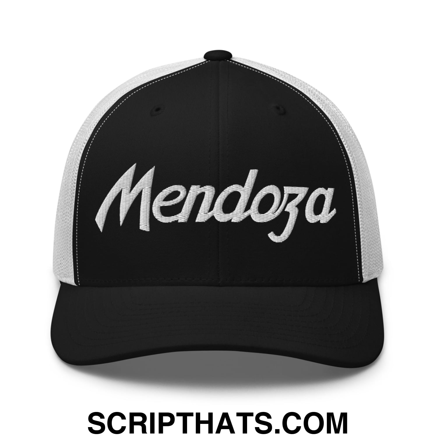Fernando Mendoza 2026 Raiders Draft Day Vintage Sports Script Embroidered Mesh Trucker Hat Black White