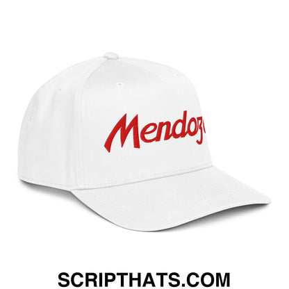 White baseball snapback hat with red embroidered mendoza script logo, perfect for sports and casual wear