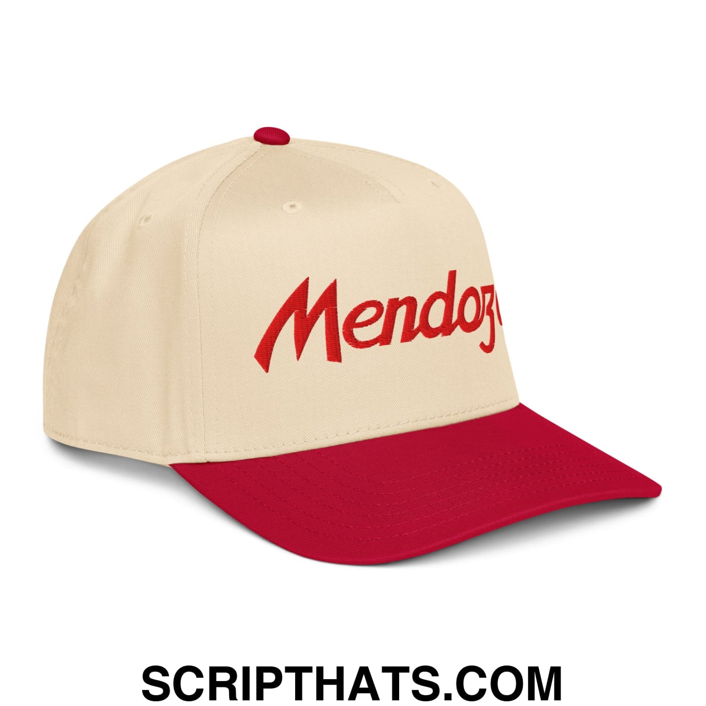 Cream-colored baseball snapback hat with red brim and mendocino logo embroidered for sports and football fans