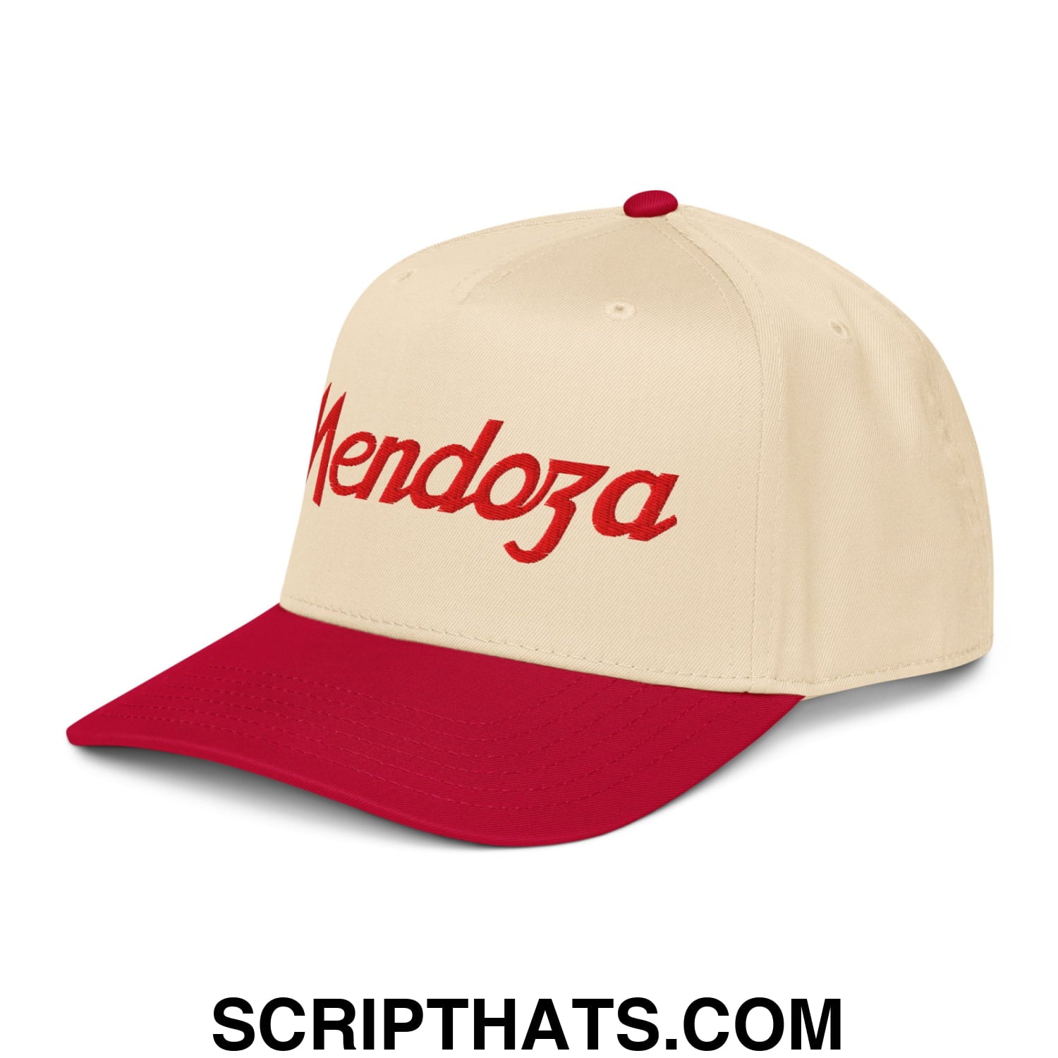 Cream-colored Fernando Mendoza sports script football embroidered baseball snapback hat with red brim and button