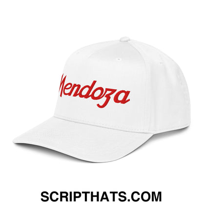 White baseball snapback hat with red embroidered mendoza script logo for sports and football fans