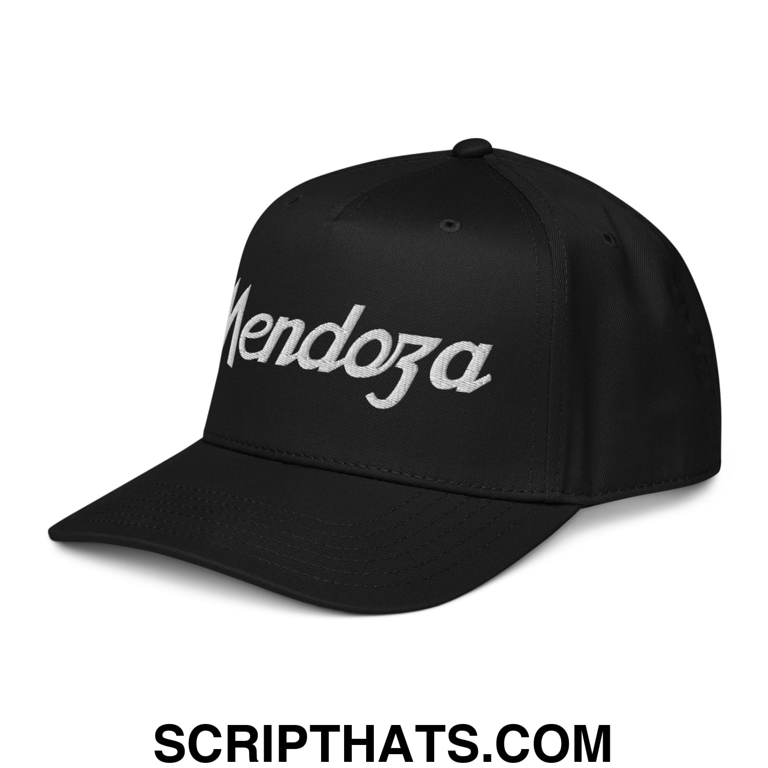 Black snapback cap with white embroidered mendoza script front ideal for sports and casual wear