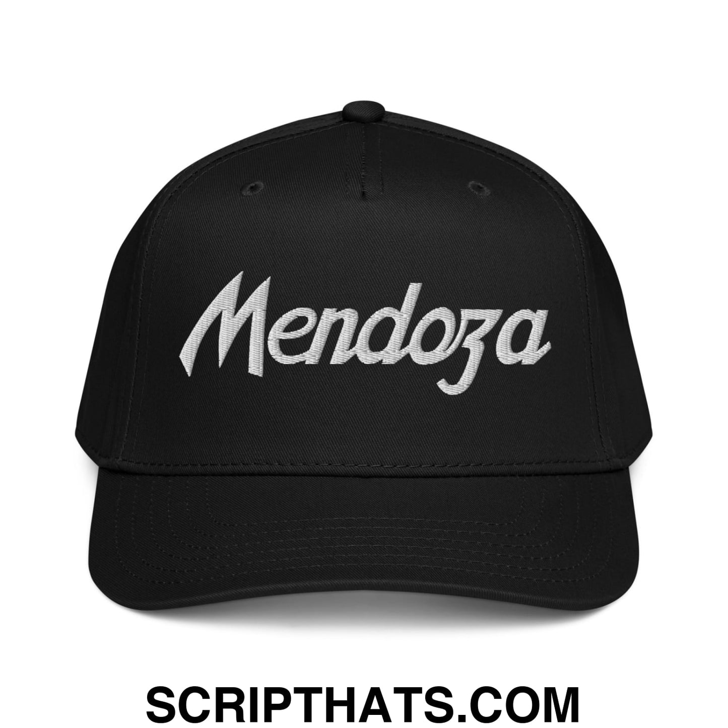 Black baseball snapback hat with white embroidered mendoza script front for sports and football fans