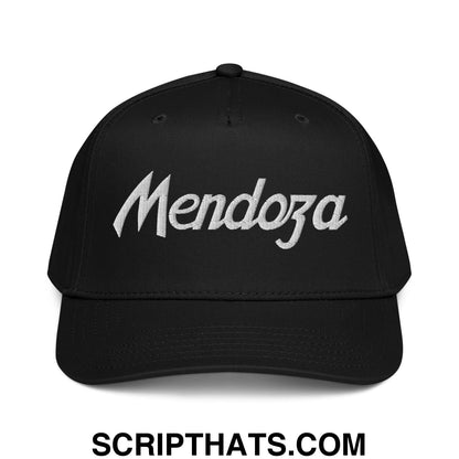 Black baseball snapback hat with white embroidered mendoza script front for sports and football fans