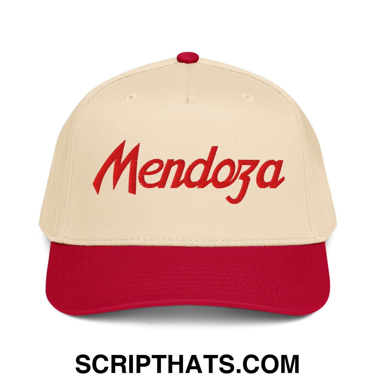 Beige and red Fernando Mendoza sports script football embroidered baseball snapback hat with cursive Mendoza lettering