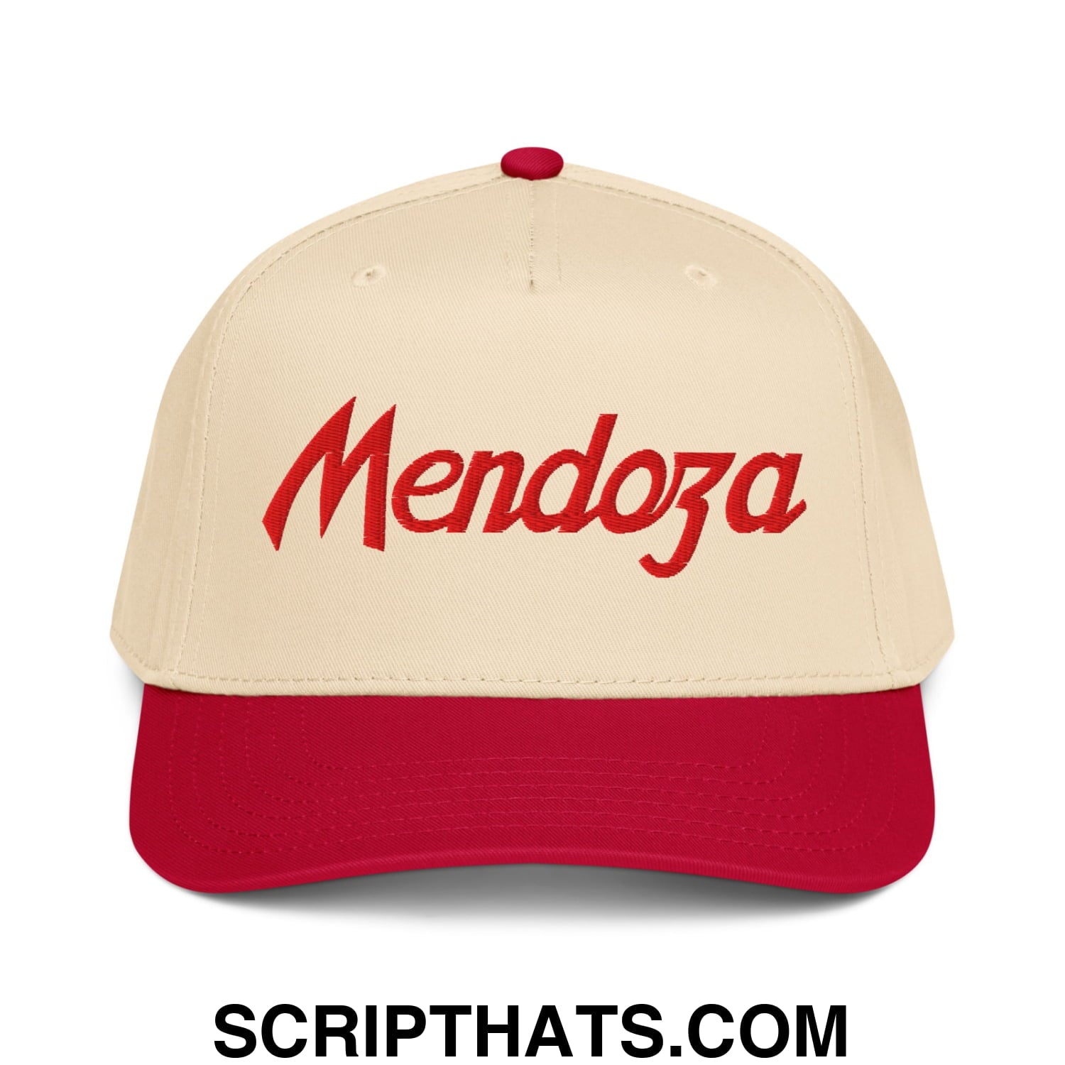 Beige and red Fernando Mendoza sports script football embroidered baseball snapback hat with cursive Mendoza lettering