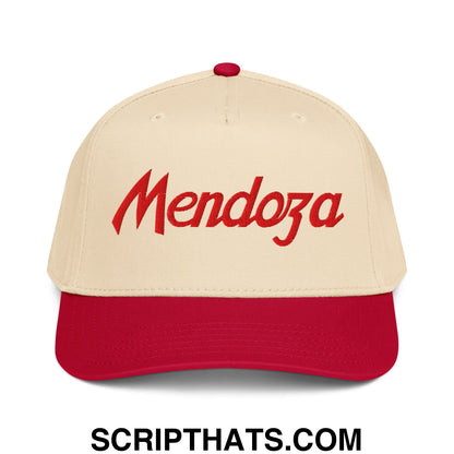 Beige and red Fernando Mendoza sports script football embroidered baseball snapback hat with cursive Mendoza lettering