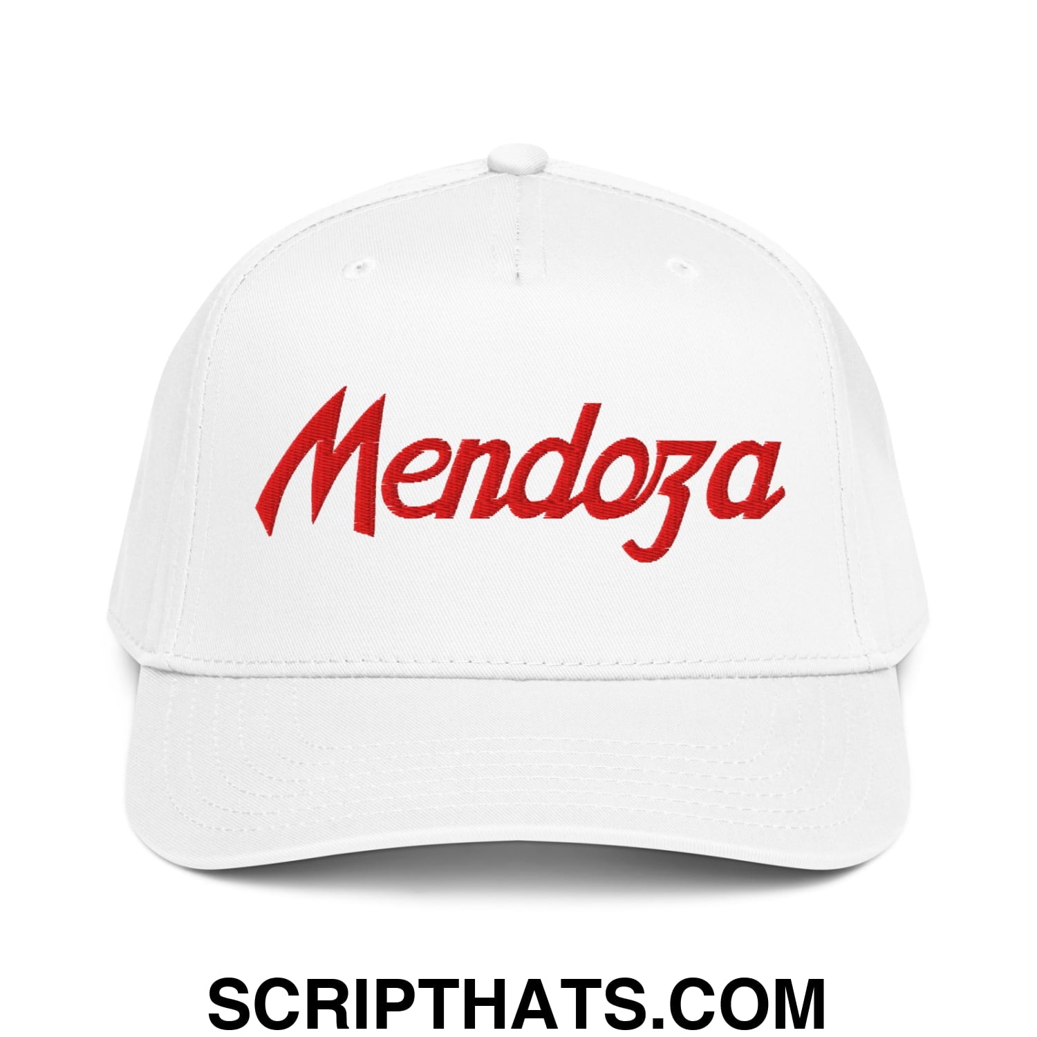 White baseball snapback hat with red embroidered mendoza script logo for sports and football fans