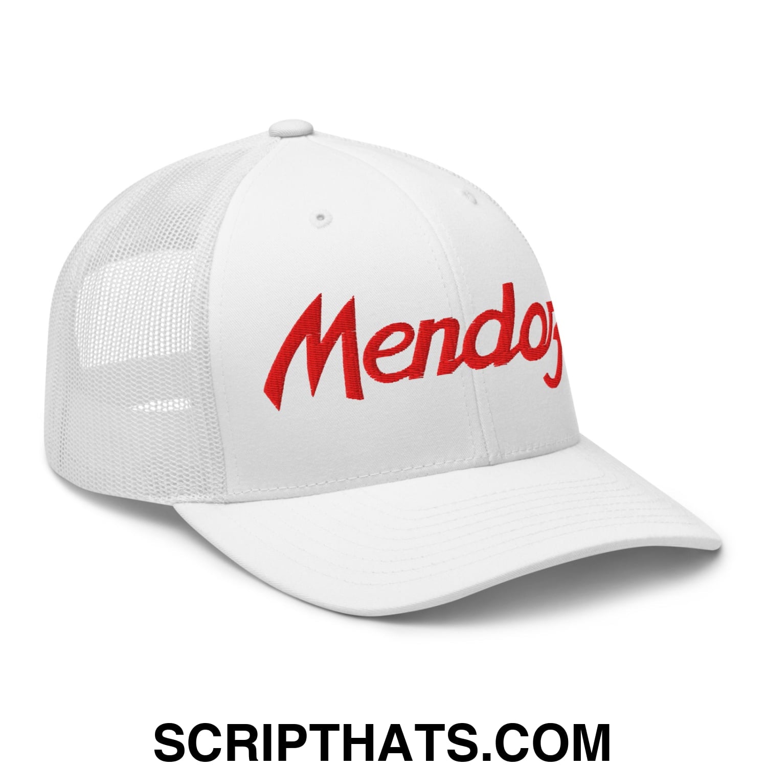 White mesh trucker hat with red embroidered mendocino script logo for sports and football fans
