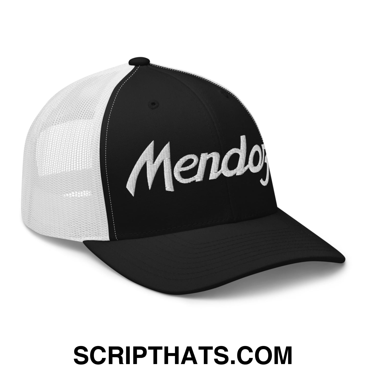 Black and white mesh trucker hat with silver embroidered mendocino script front for sports and casual wear
