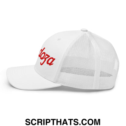 White mesh trucker hat with red embroidered doza script front panel by Fernando Mendoza sports script football