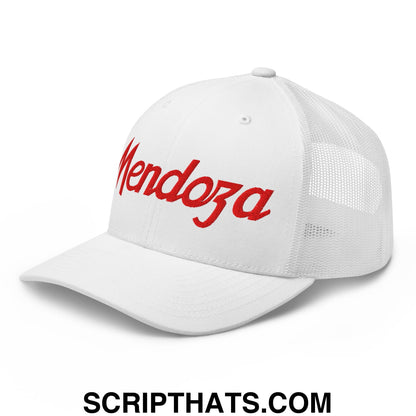 White mesh trucker hat with red embroidered mendoza script front for Fernando Mendoza sports football use