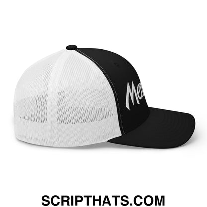 Black and white Fernando Mendoza sports script football embroidered mesh trucker hat with mens in bold white script