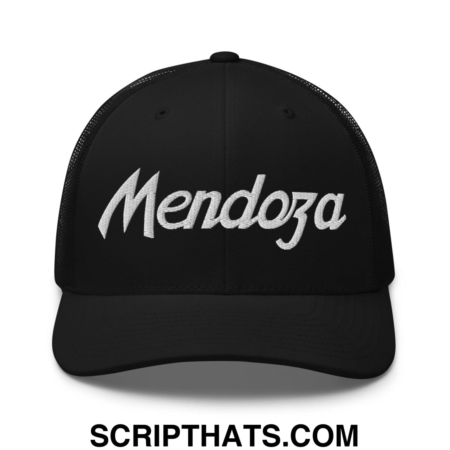 Black mesh trucker hat with white embroidered mendoza script front Fernando Mendoza sports football design