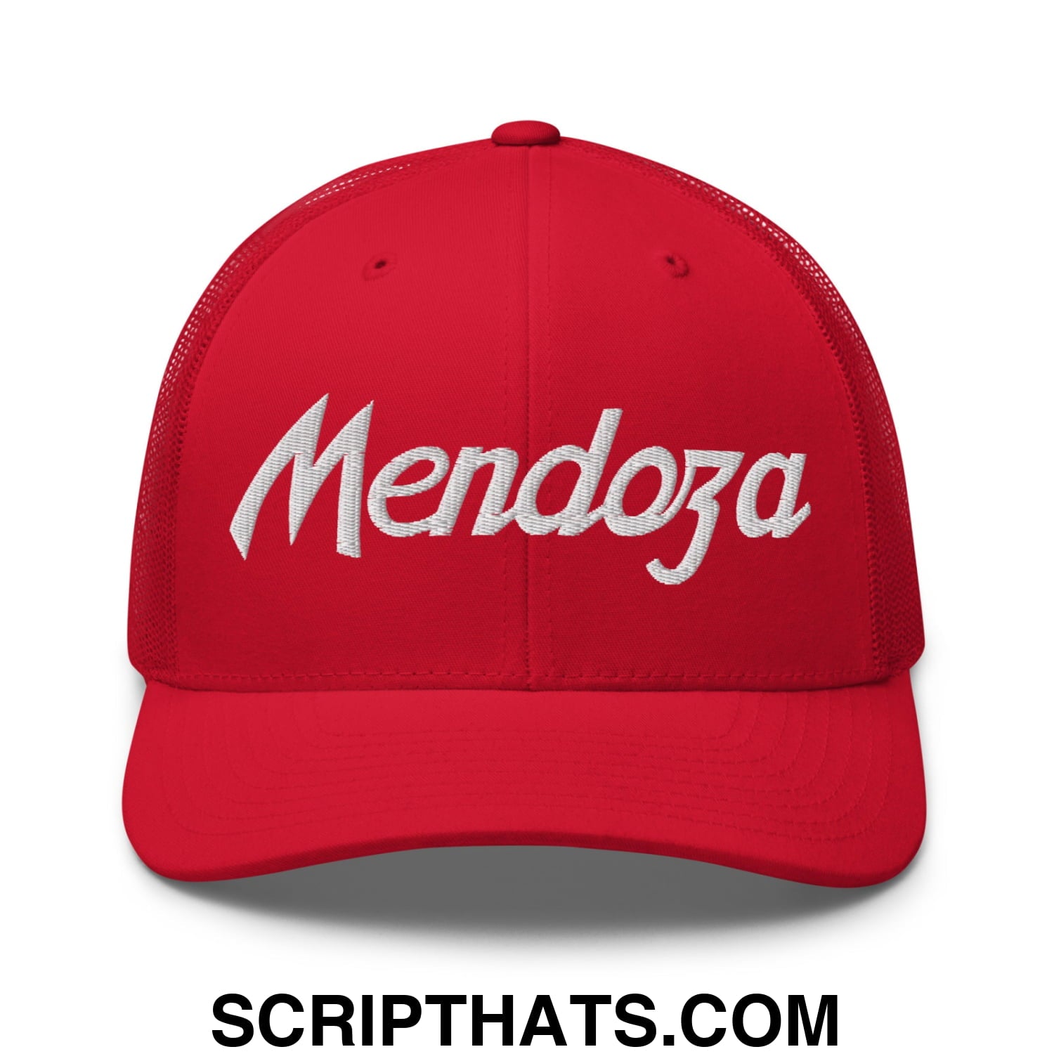 Red mesh trucker hat with white embroidered mendoza sports script on the front for football fans
