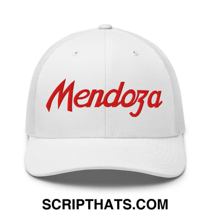 White mesh trucker hat with red embroidered Mendoza script front for sports and football fans